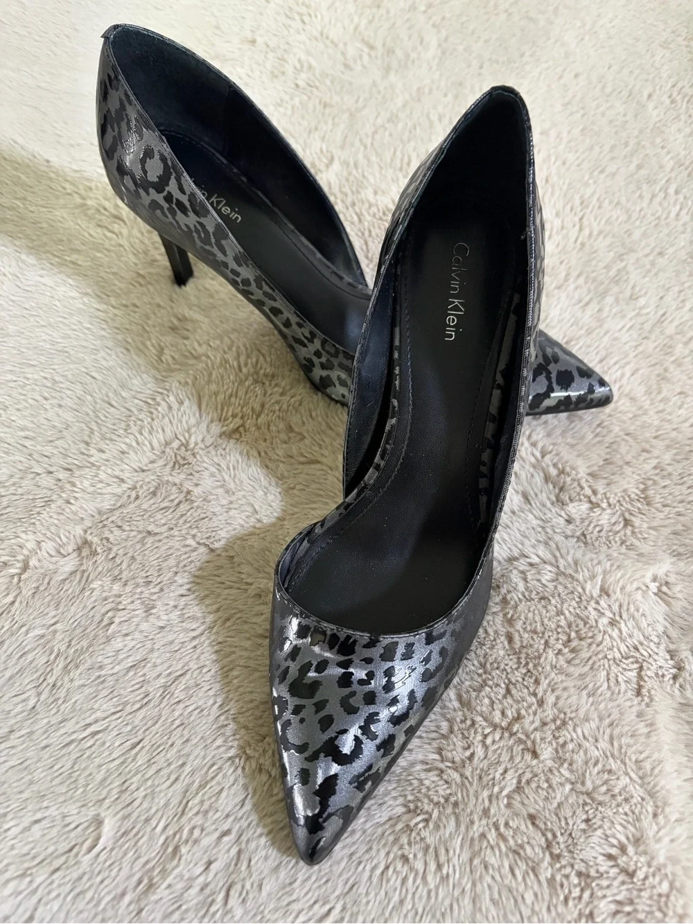Calvin Klein Metallic Silver Leopard-Print Pointed Pumps